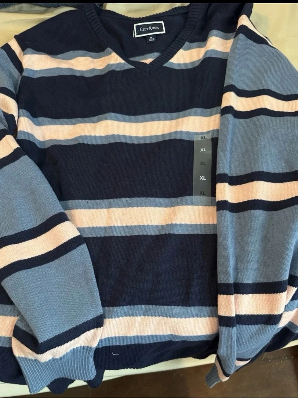 Club Room Men’s Navy, Light Blue & Cream Striped V-Neck Sweater